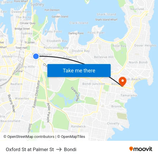 Oxford St at Palmer St to Bondi map