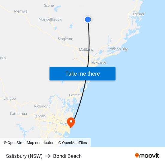 Salisbury (NSW) to Bondi Beach map