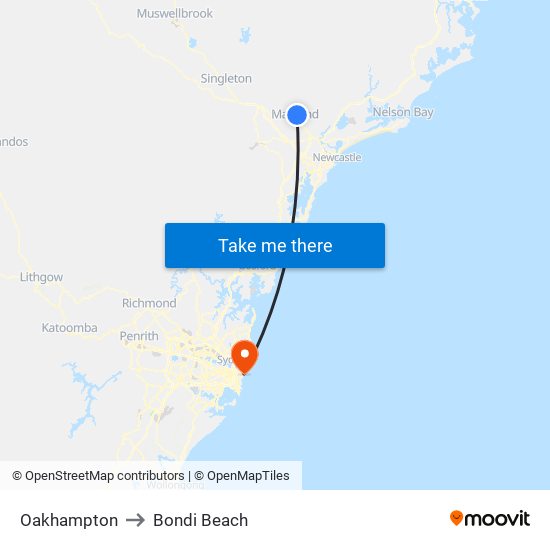 Oakhampton to Bondi Beach map