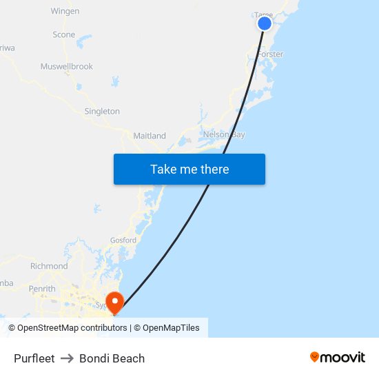 Purfleet to Bondi Beach map