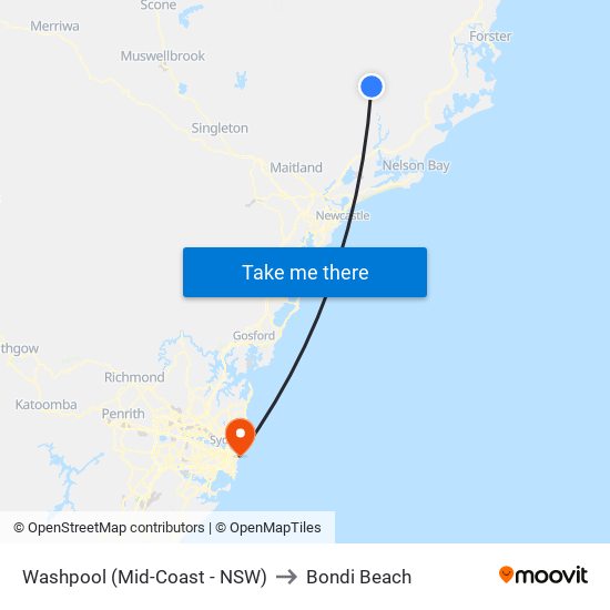 Washpool (Mid-Coast - NSW) to Bondi Beach map