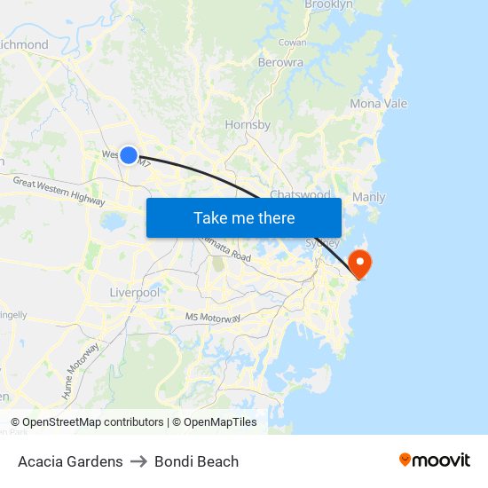 Acacia Gardens to Bondi Beach map