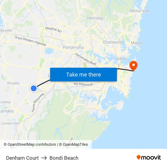 Denham Court to Bondi Beach map