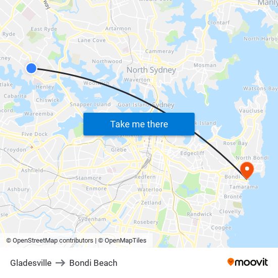 Gladesville to Bondi Beach map