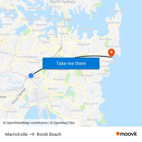 Marrickville to Bondi Beach map