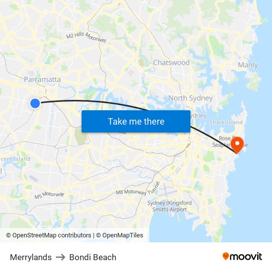 Merrylands to Bondi Beach map