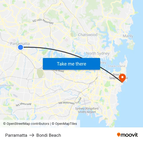 Parramatta to Bondi Beach map