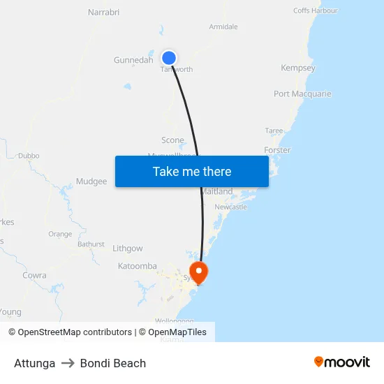 Attunga to Bondi Beach map