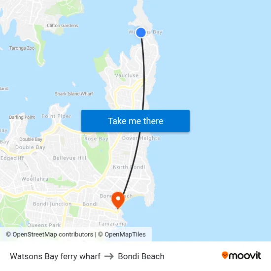 Watsons Bay ferry wharf to Bondi Beach map