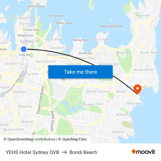 YEHS Hotel Sydney QVB to Bondi Beach map
