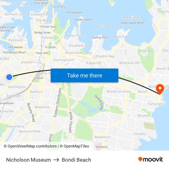 Nicholson Museum to Bondi Beach map