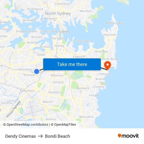 Dendy Cinemas to Bondi Beach map