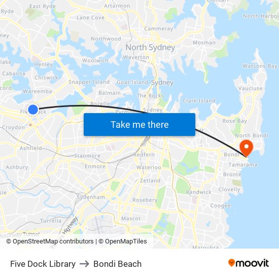 Five Dock Library to Bondi Beach map