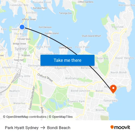 Park Hyatt Sydney to Bondi Beach map