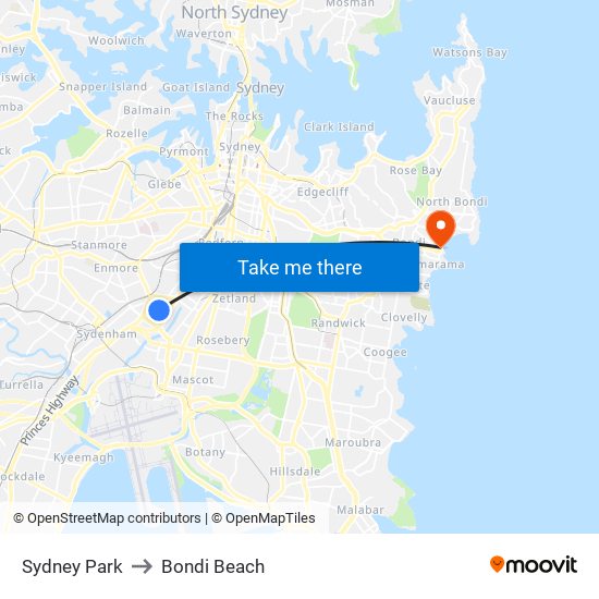 Sydney Park to Bondi Beach map