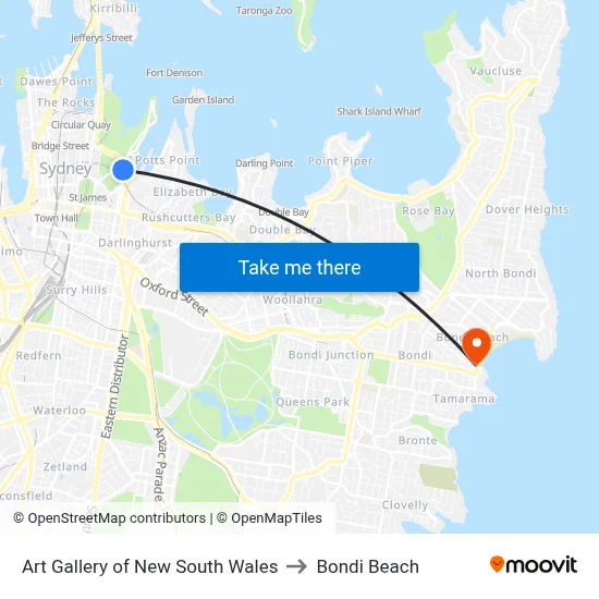 Art Gallery of New South Wales to Bondi Beach map