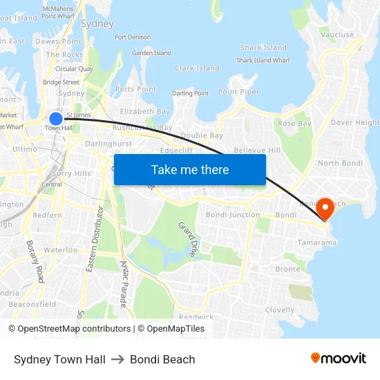 Sydney Town Hall to Bondi Beach map