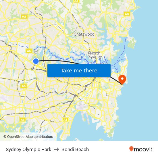 Sydney Olympic Park to Bondi Beach map
