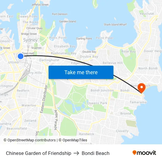 Chinese Garden of Friendship to Bondi Beach map