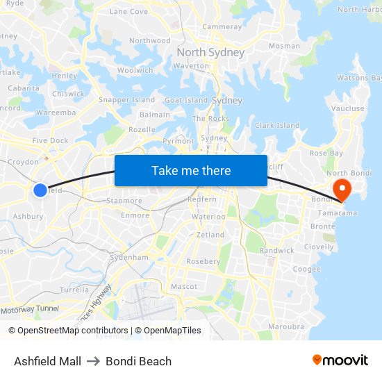 Ashfield Mall to Bondi Beach map