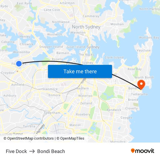 Five Dock to Bondi Beach map