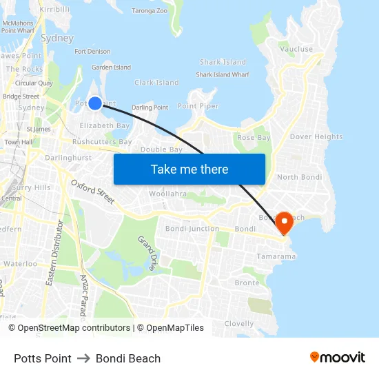 Potts Point to Bondi Beach map