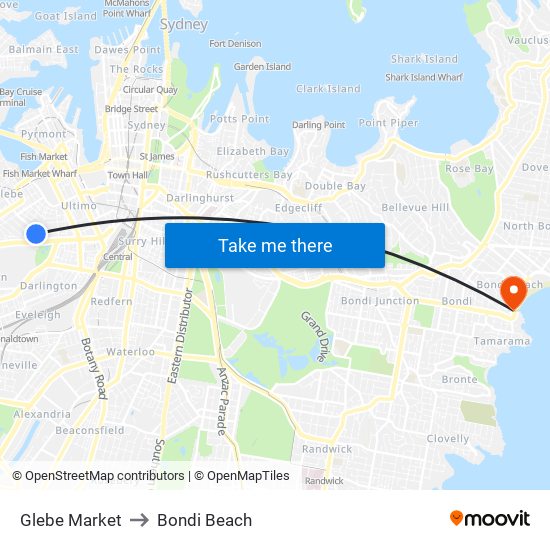 Glebe Market to Bondi Beach map