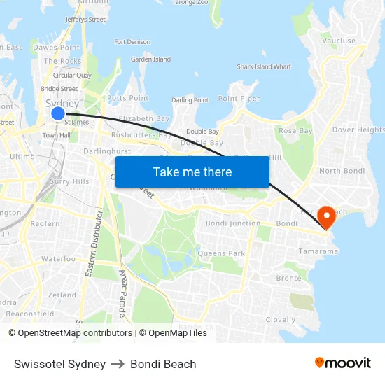Swissotel Sydney to Bondi Beach map