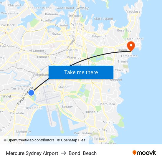 Mercure Sydney Airport to Bondi Beach map