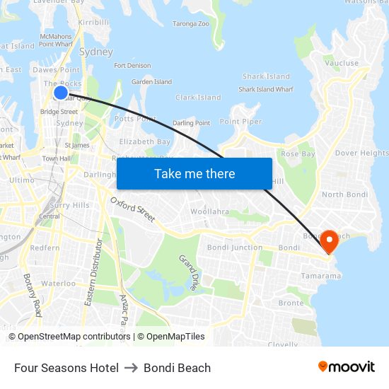 Four Seasons Hotel to Bondi Beach map