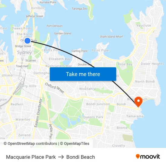 Macquarie Place Park to Bondi Beach map
