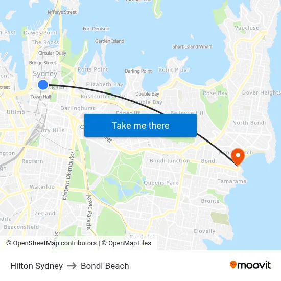 Hilton Sydney to Bondi Beach map