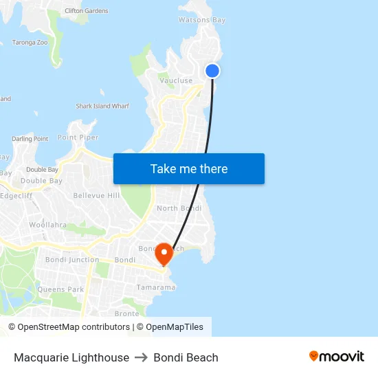Macquarie Lighthouse to Bondi Beach map