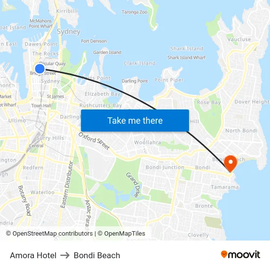 Amora Hotel to Bondi Beach map
