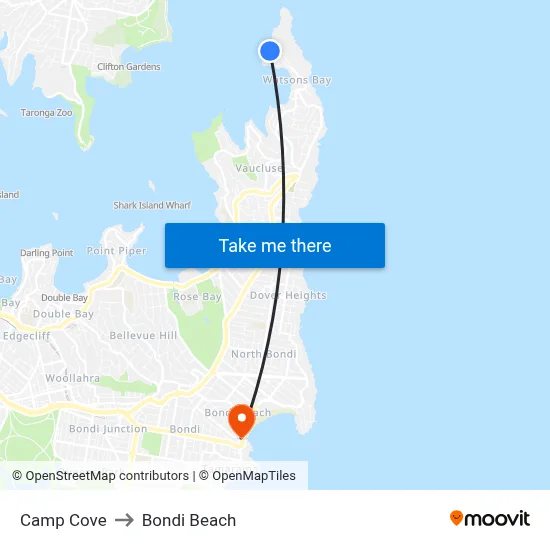 Camp Cove to Bondi Beach map