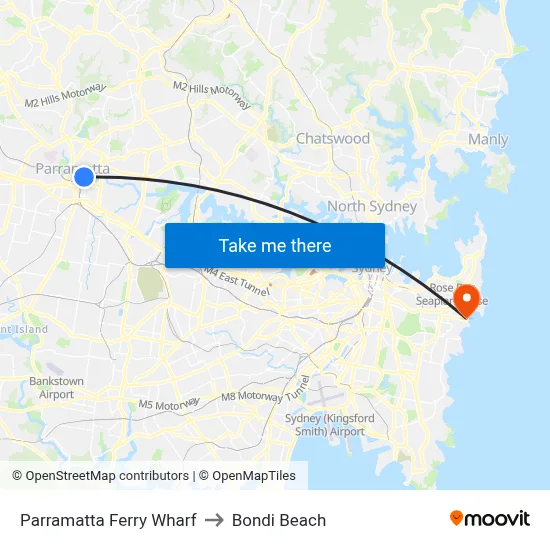 Parramatta Ferry Wharf to Bondi Beach map