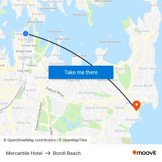 Mercantile Hotel to Bondi Beach map