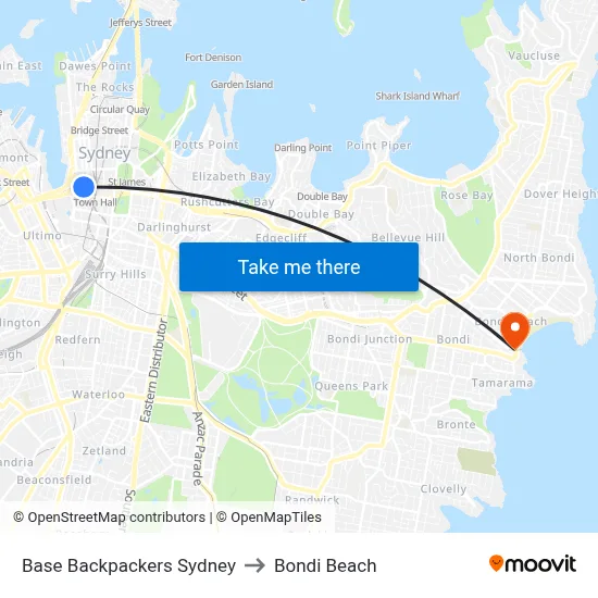 Base Backpackers Sydney to Bondi Beach map