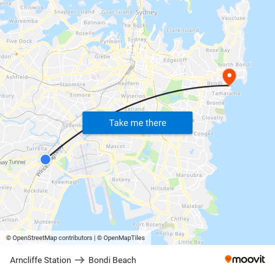 Arncliffe Station to Bondi Beach map