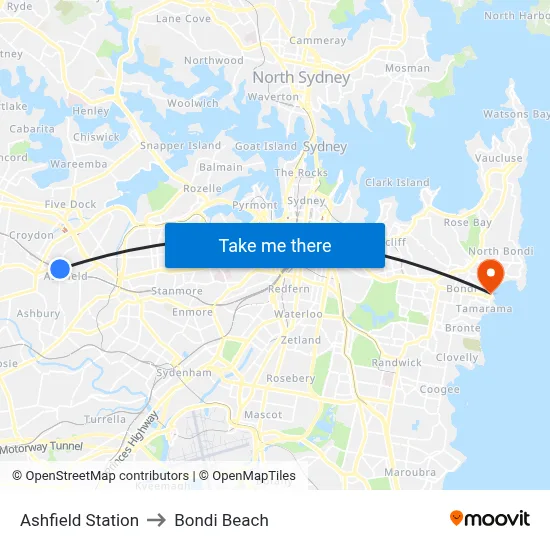 Ashfield Station to Bondi Beach map