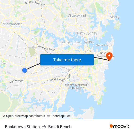 Bankstown Station to Bondi Beach map