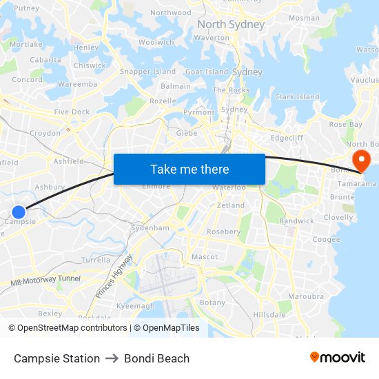 Campsie Station to Bondi Beach map