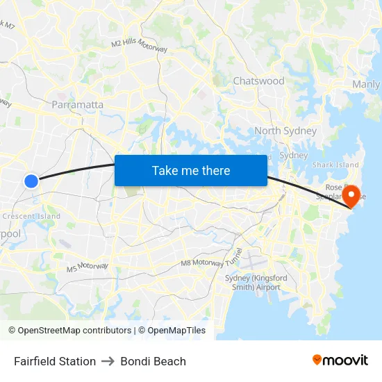 Fairfield Station to Bondi Beach map
