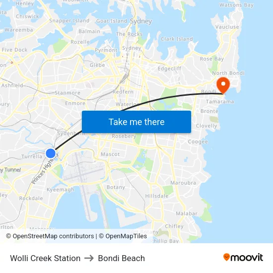 Wolli Creek Station to Bondi Beach map