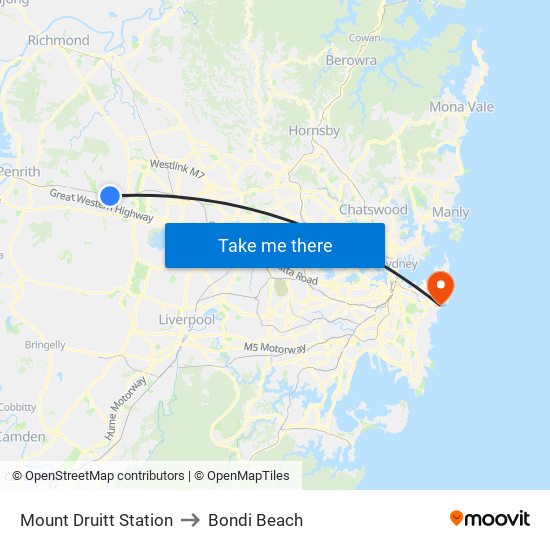Mount Druitt Station to Bondi Beach map
