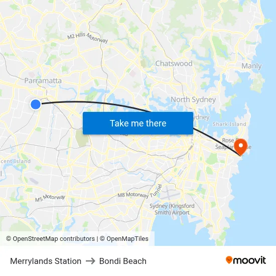 Merrylands Station to Bondi Beach map