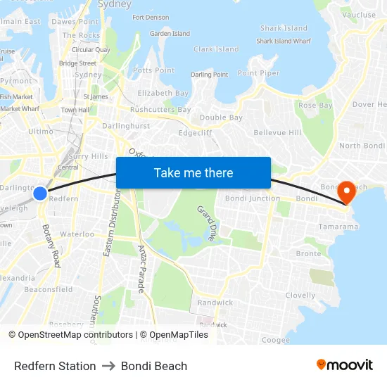 Redfern Station to Bondi Beach map