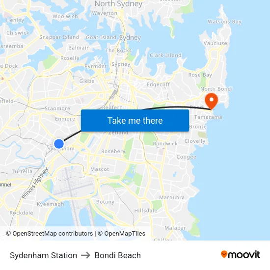 Sydenham Station to Bondi Beach map