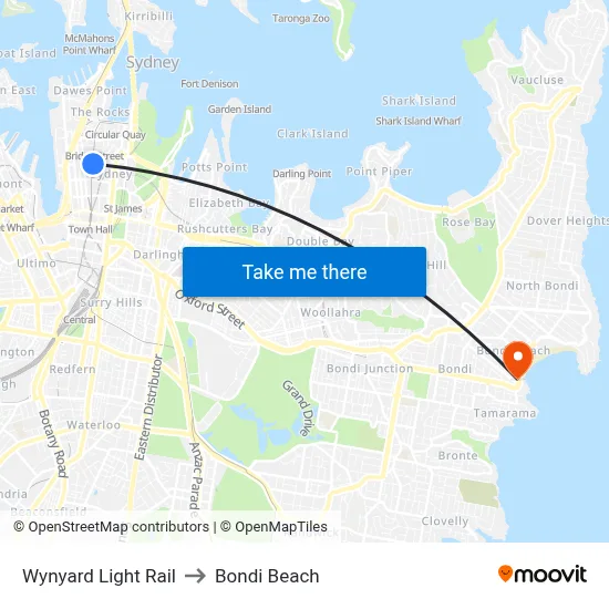 Wynyard Light Rail to Bondi Beach map