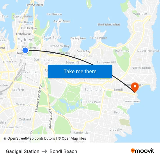Gadigal Station to Bondi Beach map